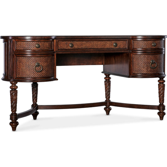 Charleston Kidney Writing Desk by Hooker Furniture in maraschino cherry. Made from cherry veneers, robus leather, rattan, resin in a traditional style.