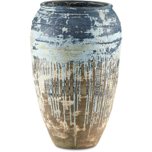 Catania Planter by Currey and Company in greenish, milky white, blue drip. Made from terracotta in a modern style.