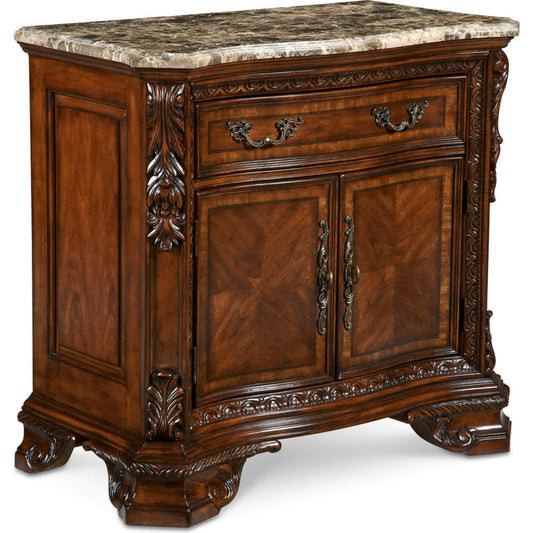 Old World Nightstand by A.R.T. Furniture in brown and medium cherry. Made from new zealand pine solids, cathedral cherry veneer, exotic avodire veneer, dark emperador marble in a traditional style.