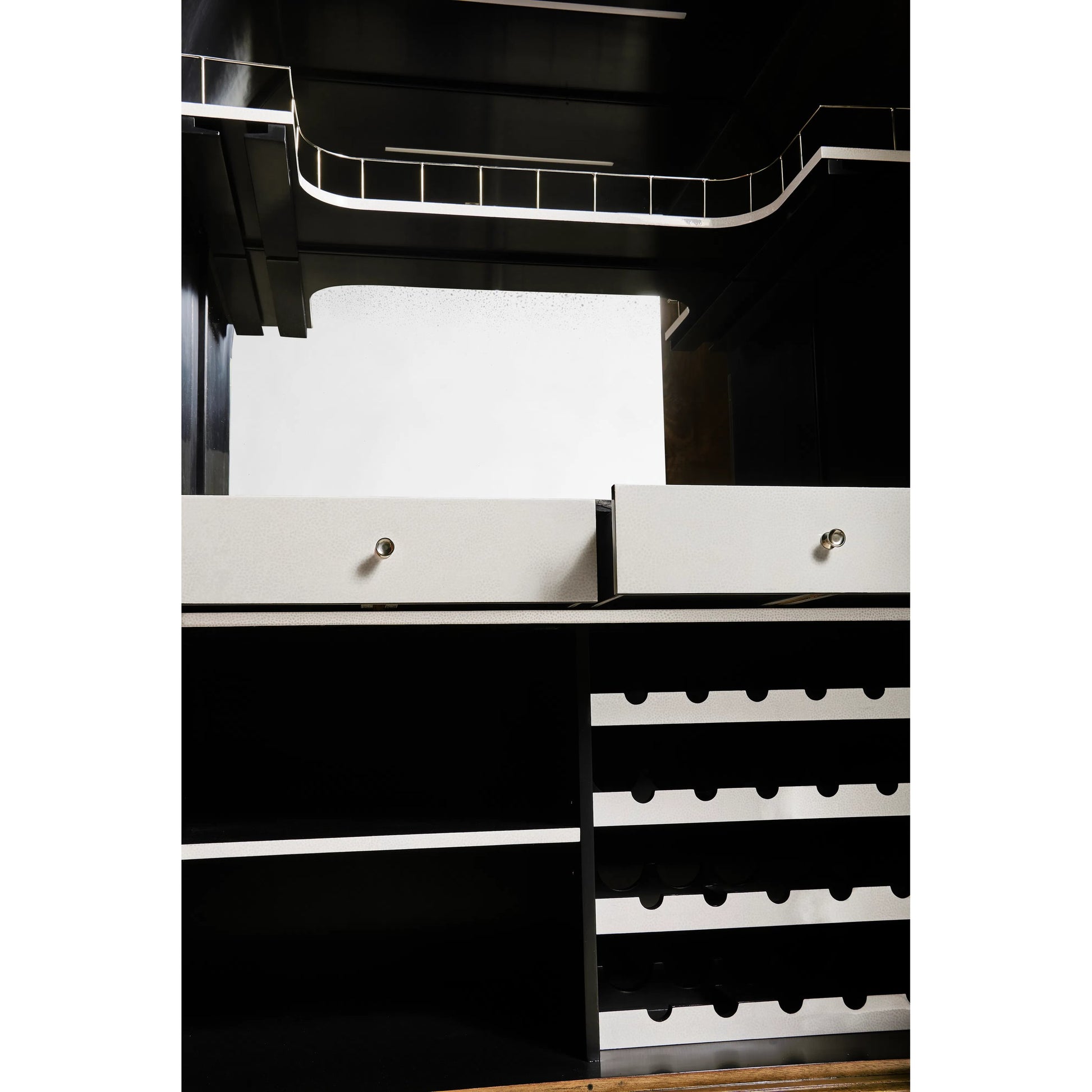 Jacques Bar Armoire by Jonathan Charles in brown and natural cerejeira. Made from crotch cerejeira veneers, flat cut mahogany veneers, mirror, stone, eggshell, brass in a modern style.