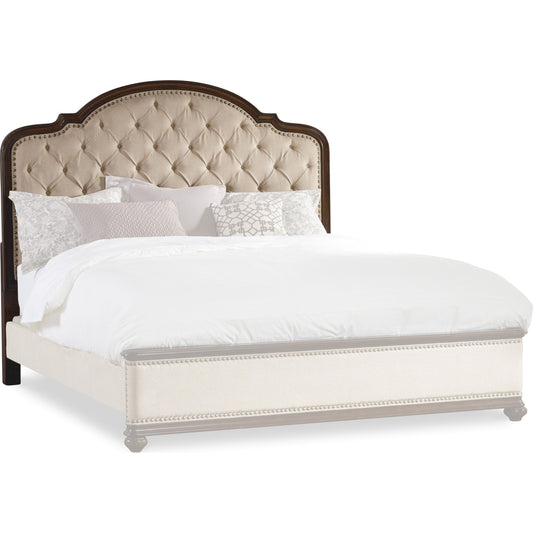 Leesburg Upholstered Headboard by Hooker Furniture in beige and mahogany, alabaster. Made from hardwoods with fabric, nailheads in a transitional style.