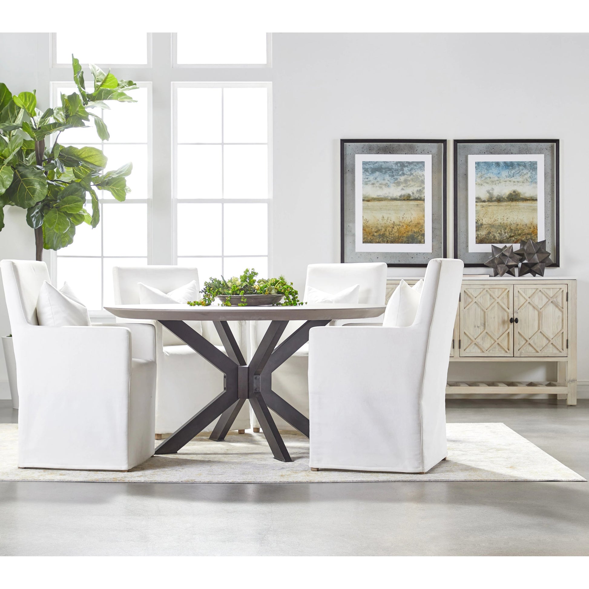 Industry Dining Table by Essentials For Living in ivory concrete, brass. Made from metal, concrete, wood in a modern style.