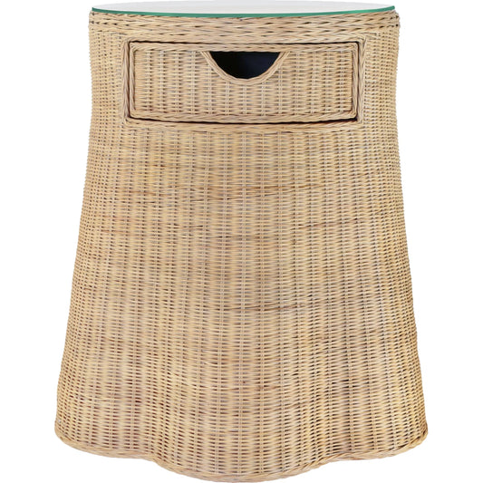 Ingrid One Drawer Round Side Table by Worlds Away. Made from rattan, glass in a unique style.