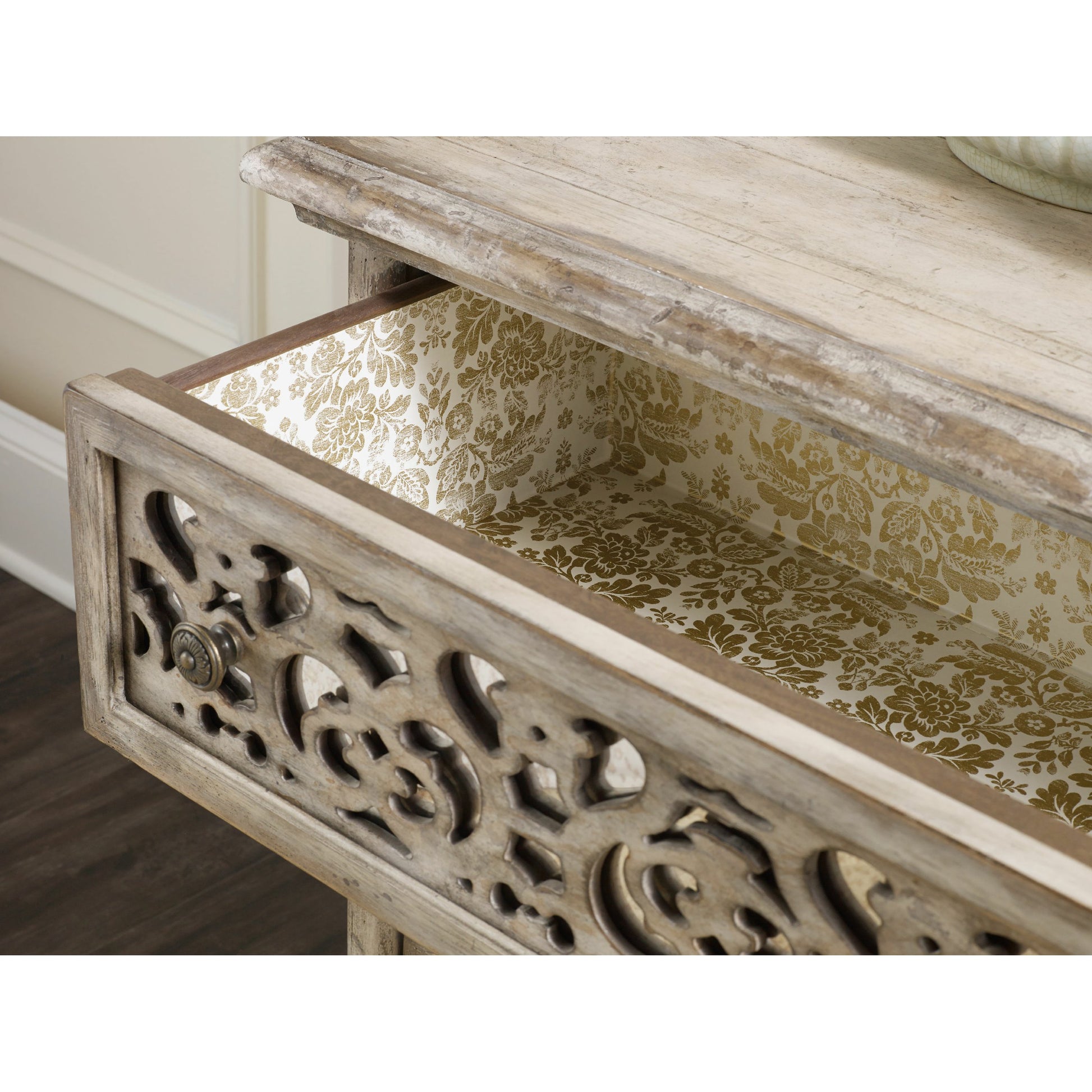 Chatelet Fretwork Nightstand by Hooker Furniture. Made from pecan veneer, resin, wallpaper, solid-wood edge top in a traditional style.