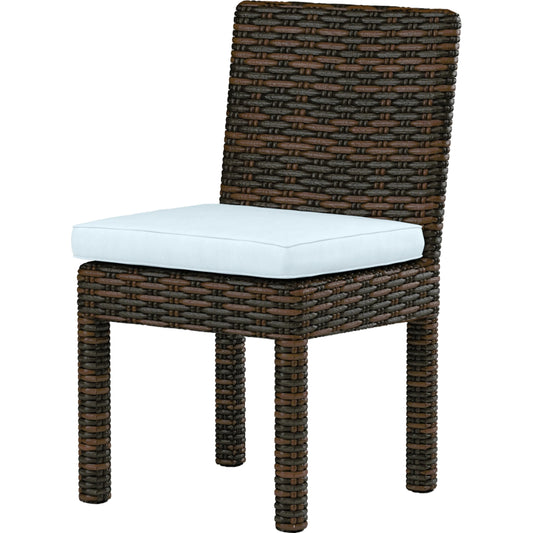Montecito Outdoor Armless Dining Chair by Sunset West in cognac. Made from resin wicker in a modern style.