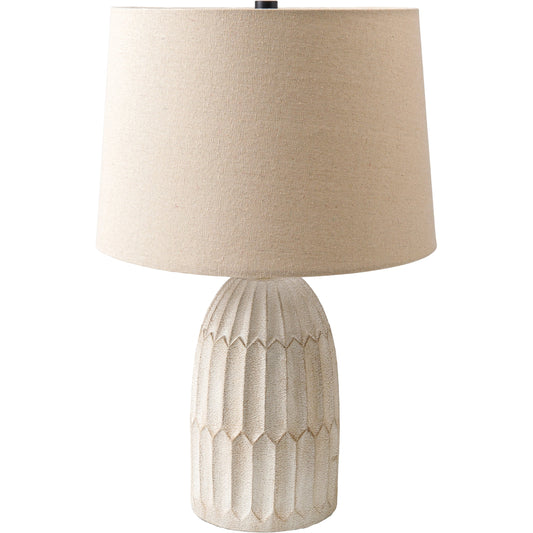 Sines Table Lamp by Surya in body: white, shade: white, finial: metallic - nickel, harp: metallic - nickel, cord: translucent and painted, polished. Made from shade (outside): linen, shade (inside): polyester, body: resin