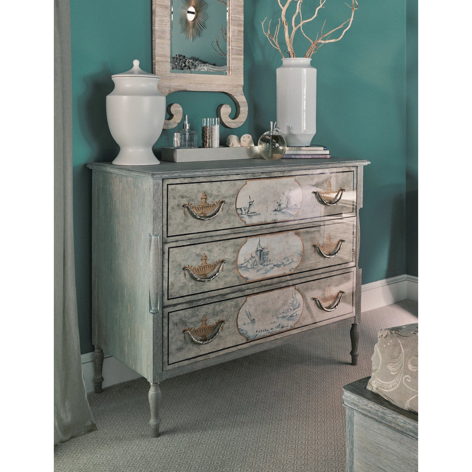 Morningside Chest of Drawers by Jonathan Charles in blue and chipped blue oak. Made from solid oak, flat cut oak veneers, canvas, metal in a modern style.