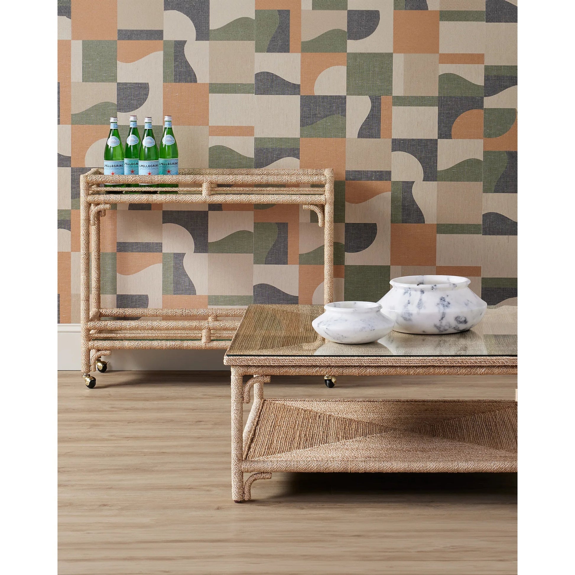 Olisa Cocktail Table by Currey and Company in natural, clear. Made from abaca rope, wrought iron, glass in a modern style.