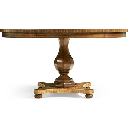 Vermeer Round Pedestal Dining Table by Jonathan Charles in brown and natural cerejeira. Made from alder, crotch cerajeria veneers, quartered acacia veneers in a traditional style.