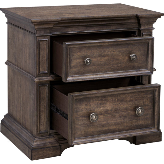 Woodbury Two-Drawer Nightstand by Pulaski Furniture in cowboy boots brown. Made from rubberwood in a traditional style.