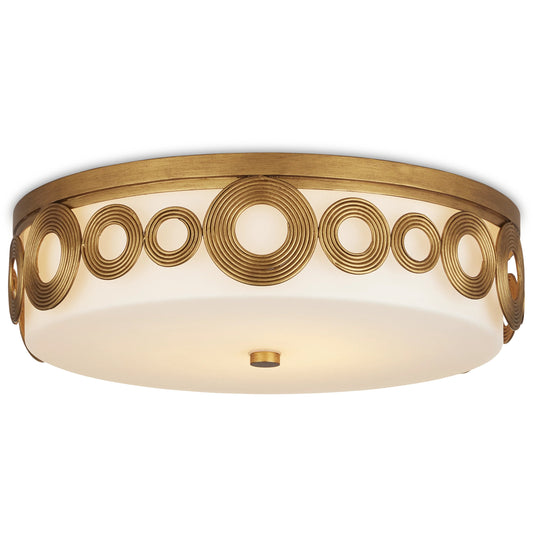 Gyges Flush Mount by Currey and Company in brass, opaque white. Made from wrought iron, glass in a modern style.