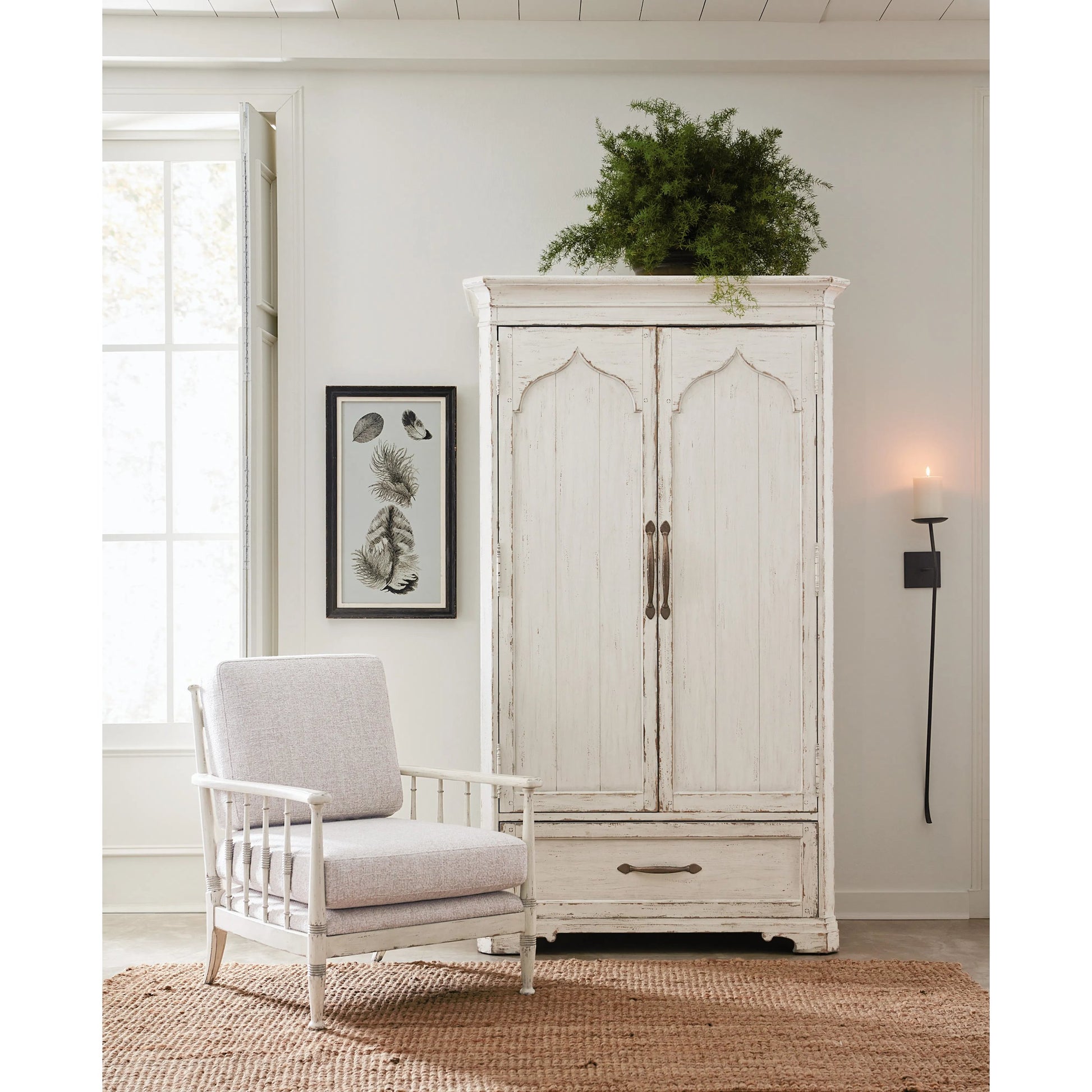 Americana Wardrobe by Hooker Furniture in black and molasses finish. Made from oak veneers in a cottage & farmhouse style.