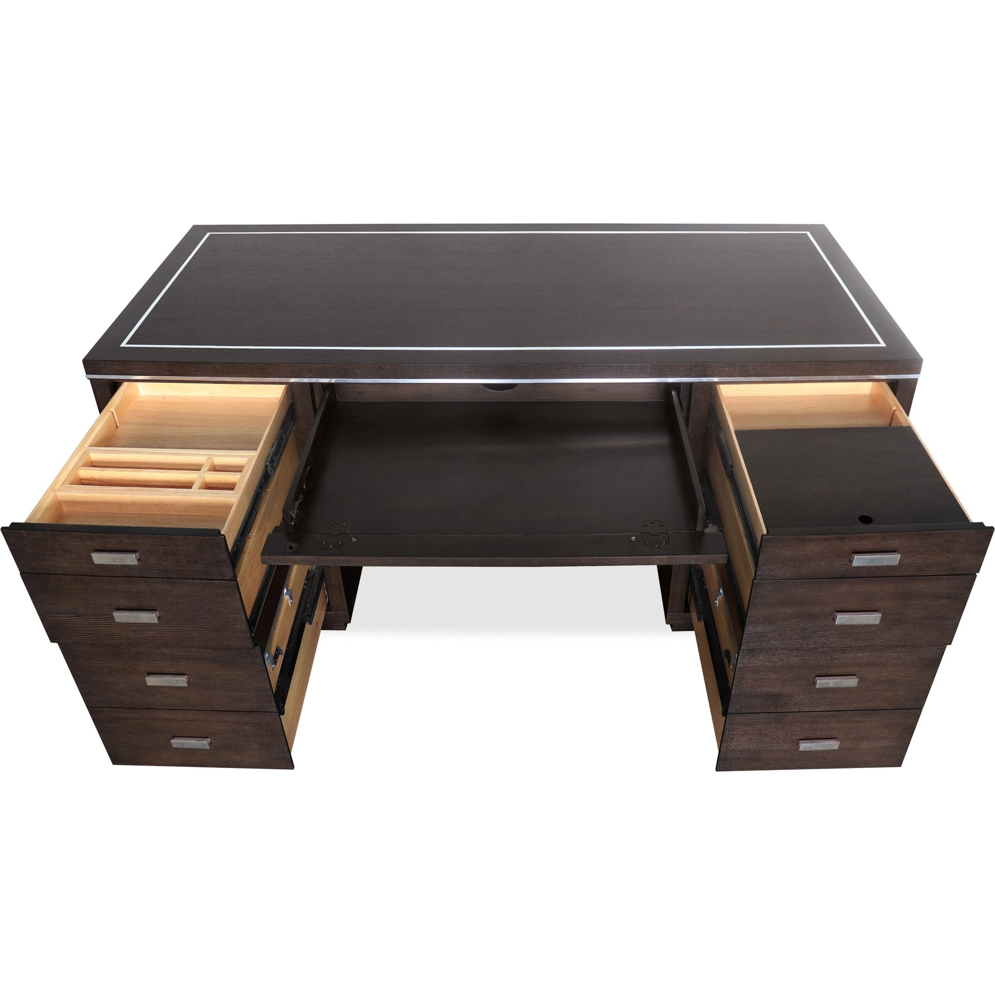 House Blend Junior Executive Desk by Hooker Furniture in dark roast. Made from quartered ash veneers, metal in a unique style.