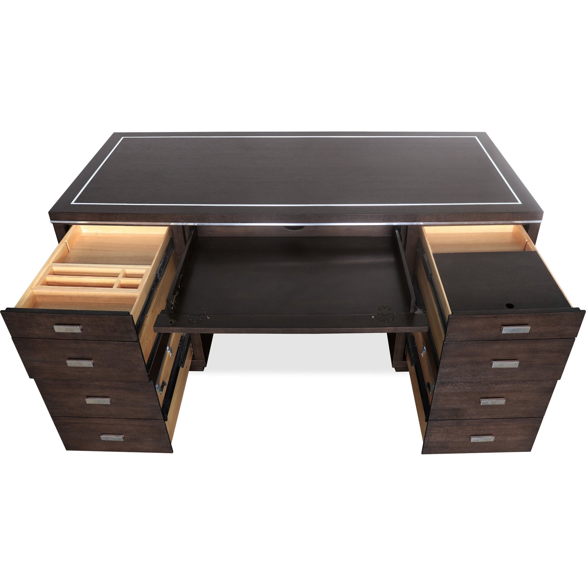 House Blend Junior Executive Desk by Hooker Furniture in dark roast. Made from quartered ash veneers, metal in a unique style.