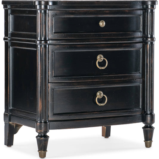 Charleston Three-Drawer Nightstand by Hooker Furniture. Made from cherry, maple veneers, metal, solid-wood edge top in a traditional style.