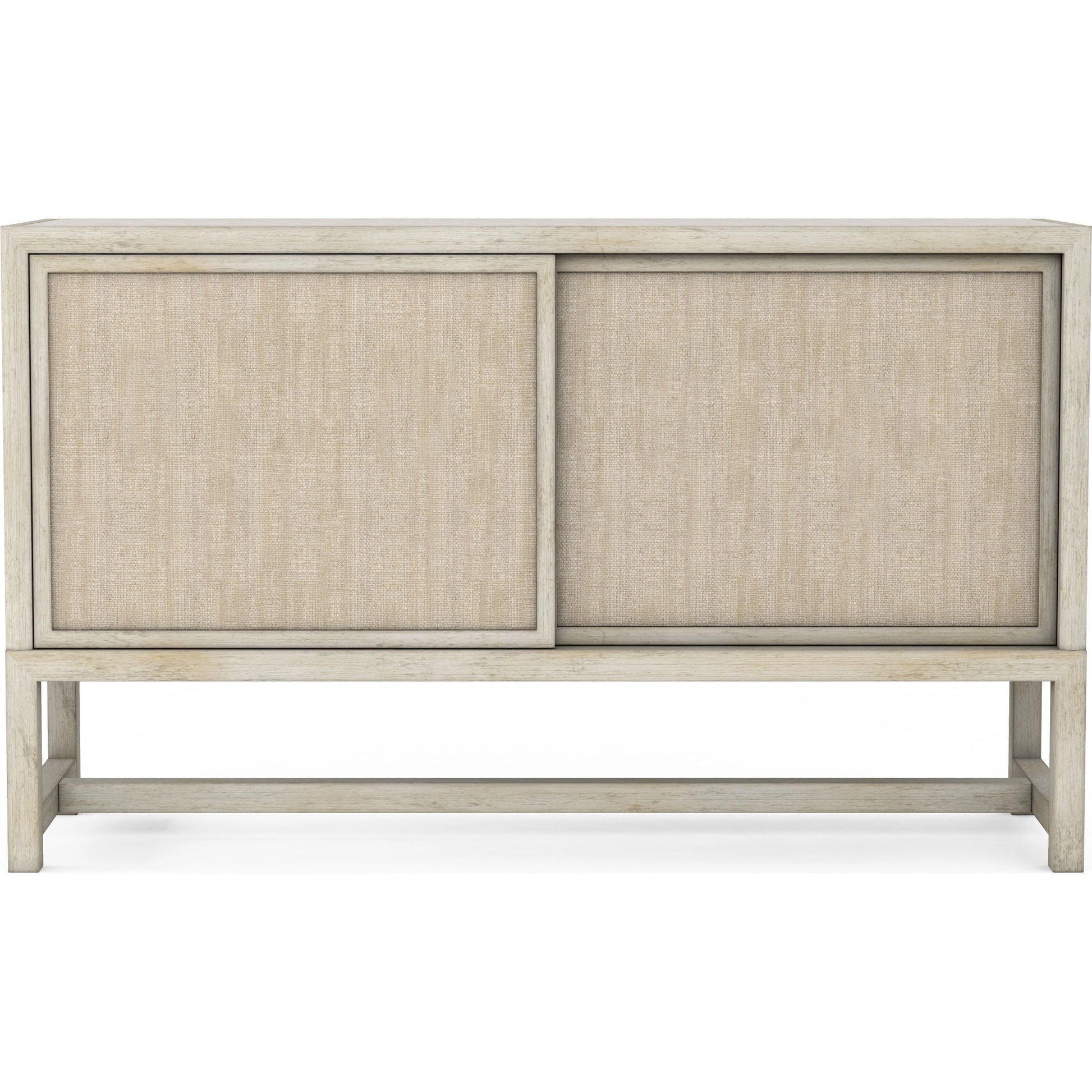 Cotiere Sideboard by A.R.T. Furniture in beige and linen. Made from parawood solids, mixed split cathedral quarter-white oak veneer, fabric, terrazzo stone in a modern style.