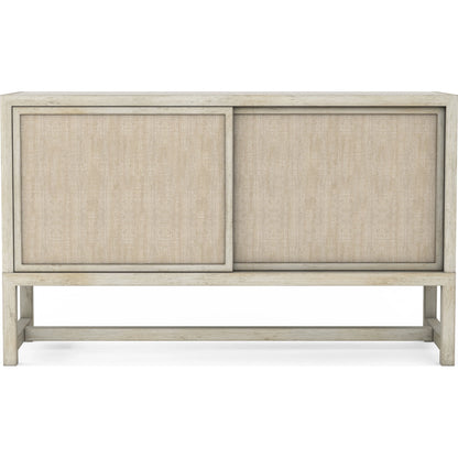 Cotiere Sideboard by A.R.T. Furniture in beige and linen. Made from parawood solids, mixed split cathedral quarter-white oak veneer, fabric, terrazzo stone in a modern style.