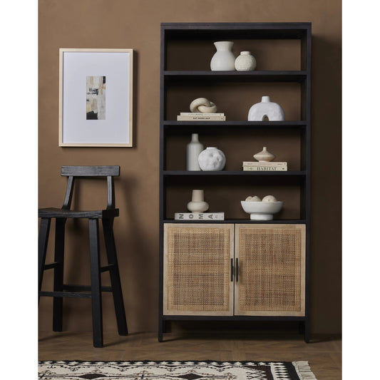 Caprice Bookshelf by Four Hands in washed black. Made from solid acacia in a modern style.