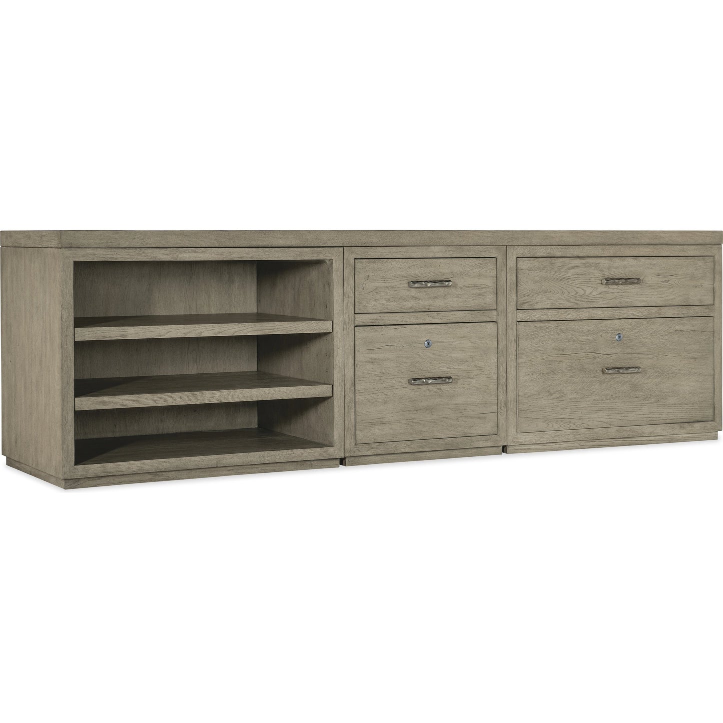 001 SI-1900750 | Primary Silo | Linville Falls Credenza with Small File, Lateral File and Open by Hooker Furniture in mink, antique pewter. Made from oak veneers in a modern style.