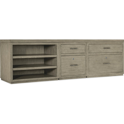 Linville Falls Credenza with Small File, Lateral File and Open by Hooker Furniture in mink, antique pewter. Made from oak veneers in a modern style.
