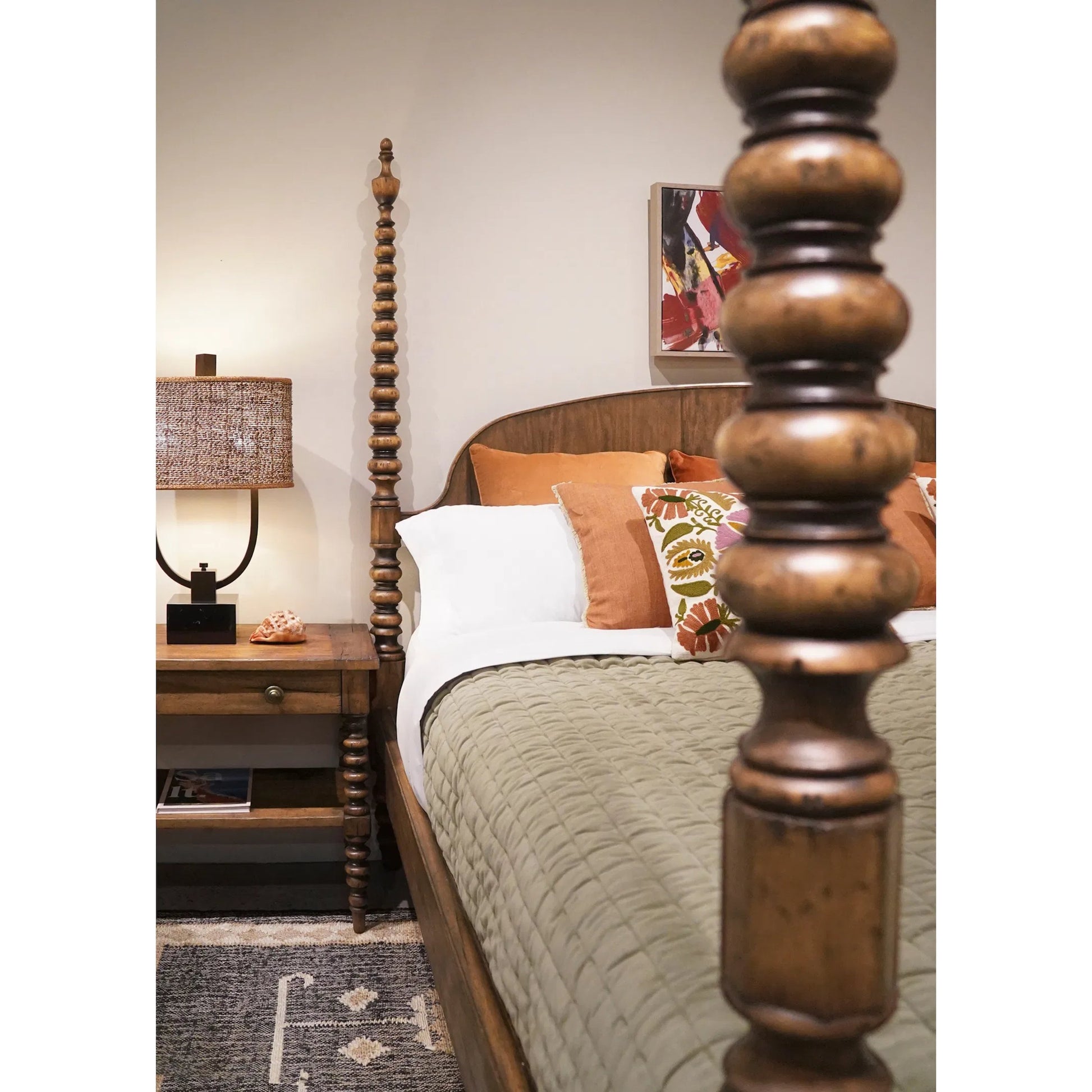 Tamarisk Poster Bed by Jonathan Charles in medium spain walnut. Made from main acacia in a unique style.