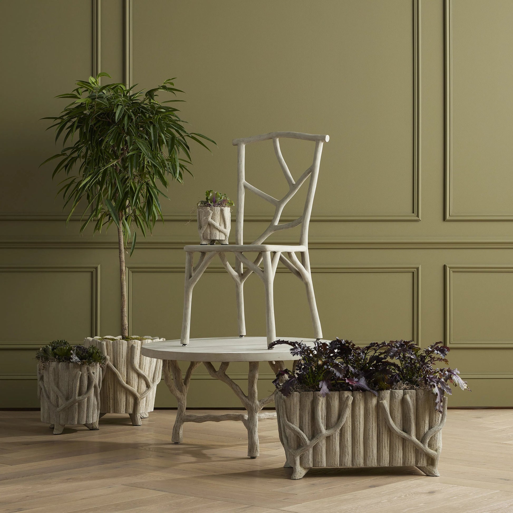 Faux Bois Planter by Currey and Company in portland, faux bois. Made from concrete, iron in a rustic style.