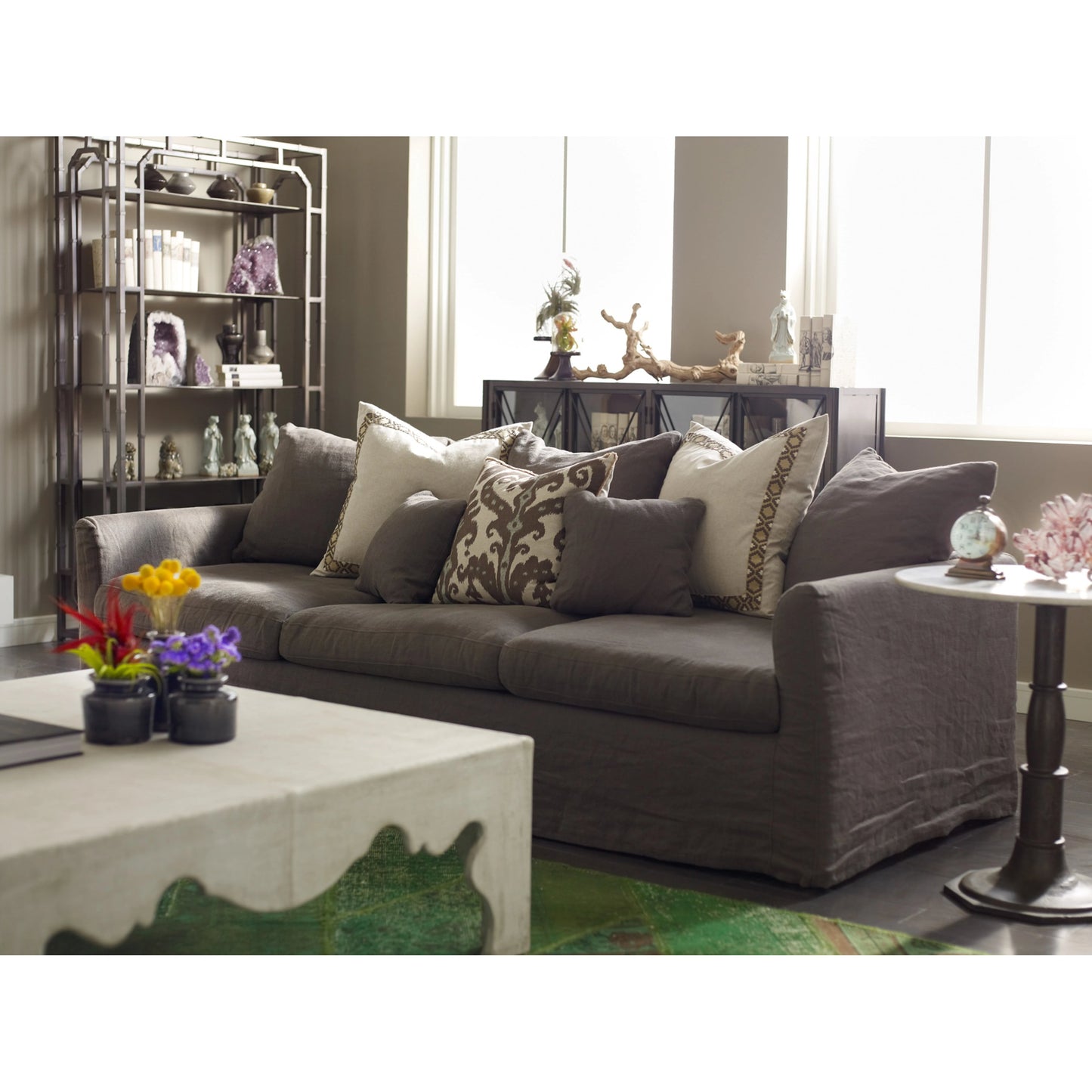 008 SI-1716011 | Lifestyle | Lucy Side Table by Four Hands in carbon wash, white marble. Made from solid marble, iron, engineered hardwood in a modern style.