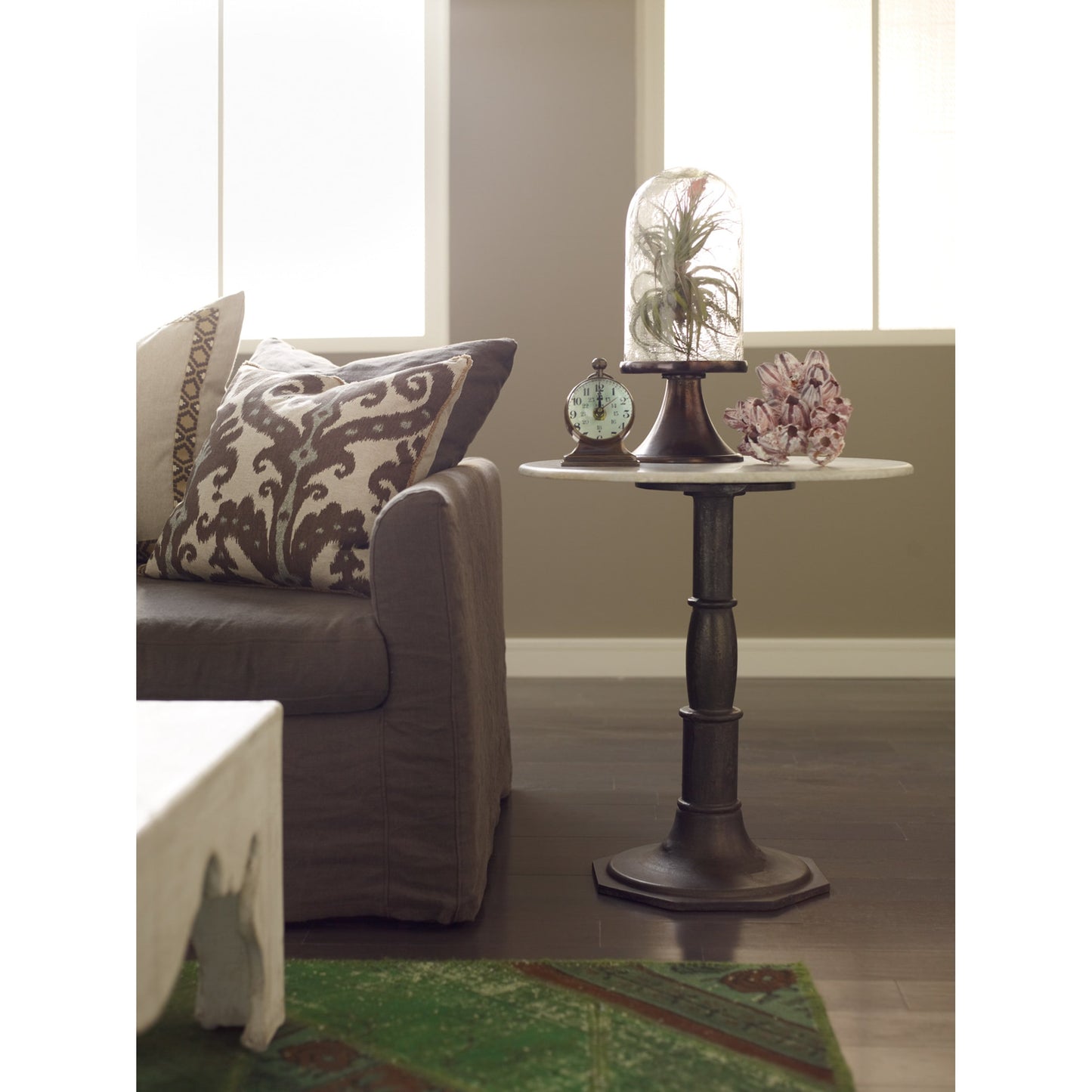 006 SI-1716011 | Lifestyle | Lucy Side Table by Four Hands in carbon wash, white marble. Made from solid marble, iron, engineered hardwood in a modern style.