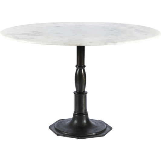 001 S-338927 | Primary Silo | Lucy Round Dining Table by Four Hands in carbon wash, white marble and carbon wash. Made from solid marble, iron, engineered hardwood in a traditional style.
