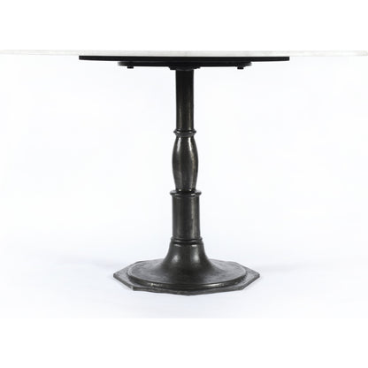 Lucy Round Dining Table by Four Hands in carbon wash, white marble and carbon wash. Made from solid marble, iron, engineered hardwood in a traditional style.