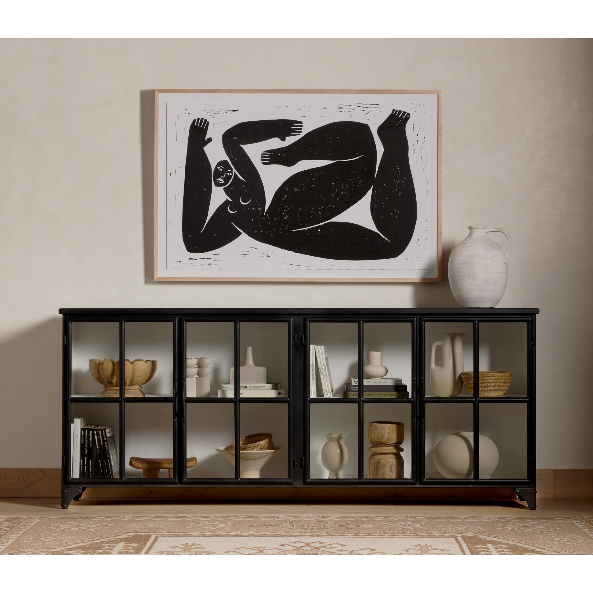 Camila Sideboard by Four Hands in painted white, black and tempered glass, painted white, black. Made from iron in a eclectic & global style.