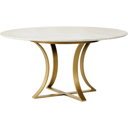 Gage Dining Table by Four Hands in polished white marble, cast brass. Made from solid marble, iron, solid acacia in a transitional style.