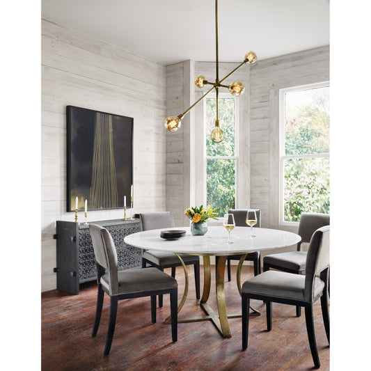 Gage Dining Table by Four Hands in polished white marble, cast brass. Made from solid marble, iron, solid acacia in a transitional style.