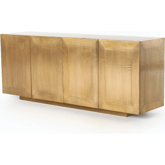 Freda Sideboard by Four Hands in gray natural, brushed brass clad. Made from brass, thick mango veneer in a modern style.