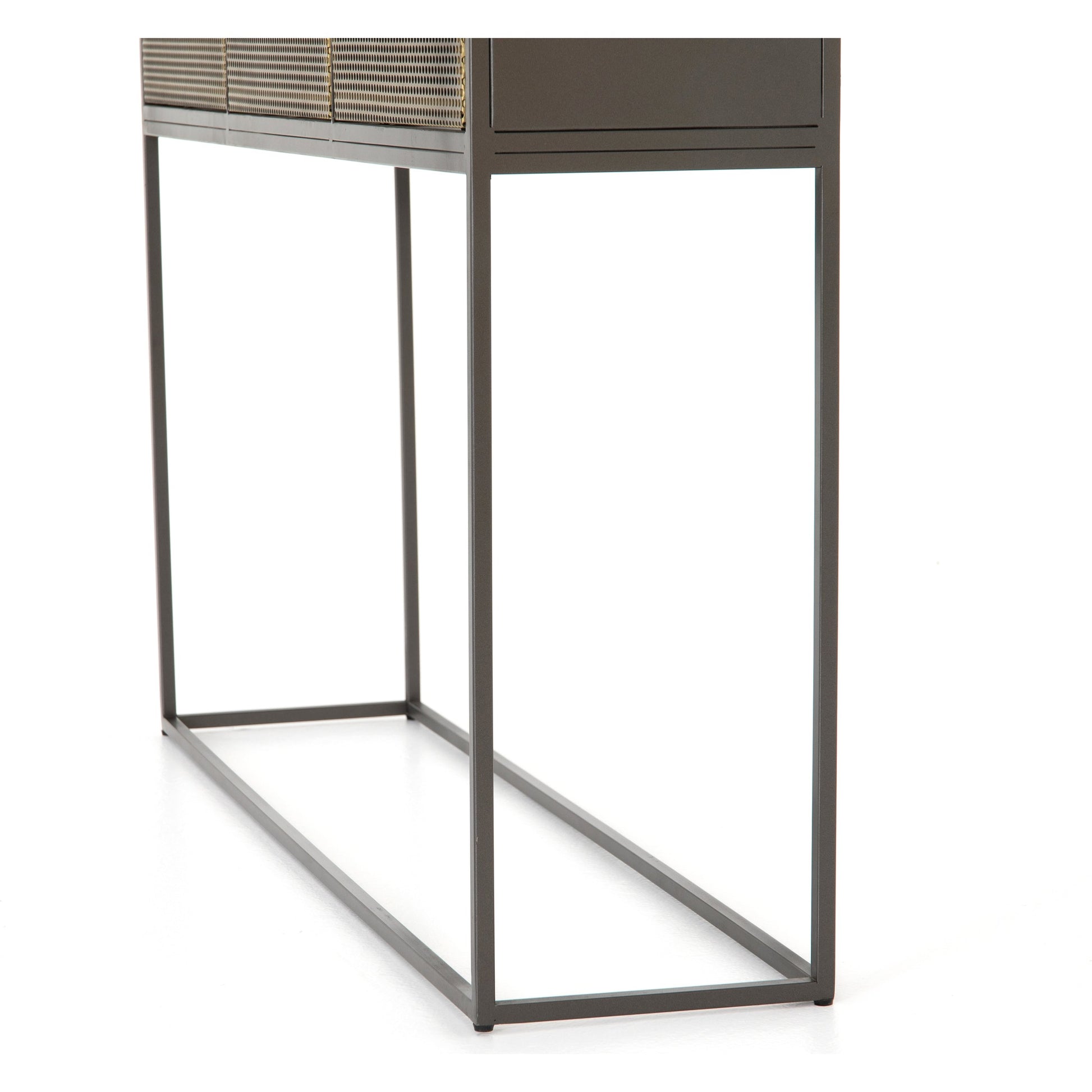 Hendrick Console Table by Four Hands in black, perforated black and black. Made from iron in a modern style.