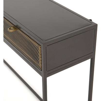 Hendrick Console Table by Four Hands in black, perforated black and black. Made from iron in a modern style.