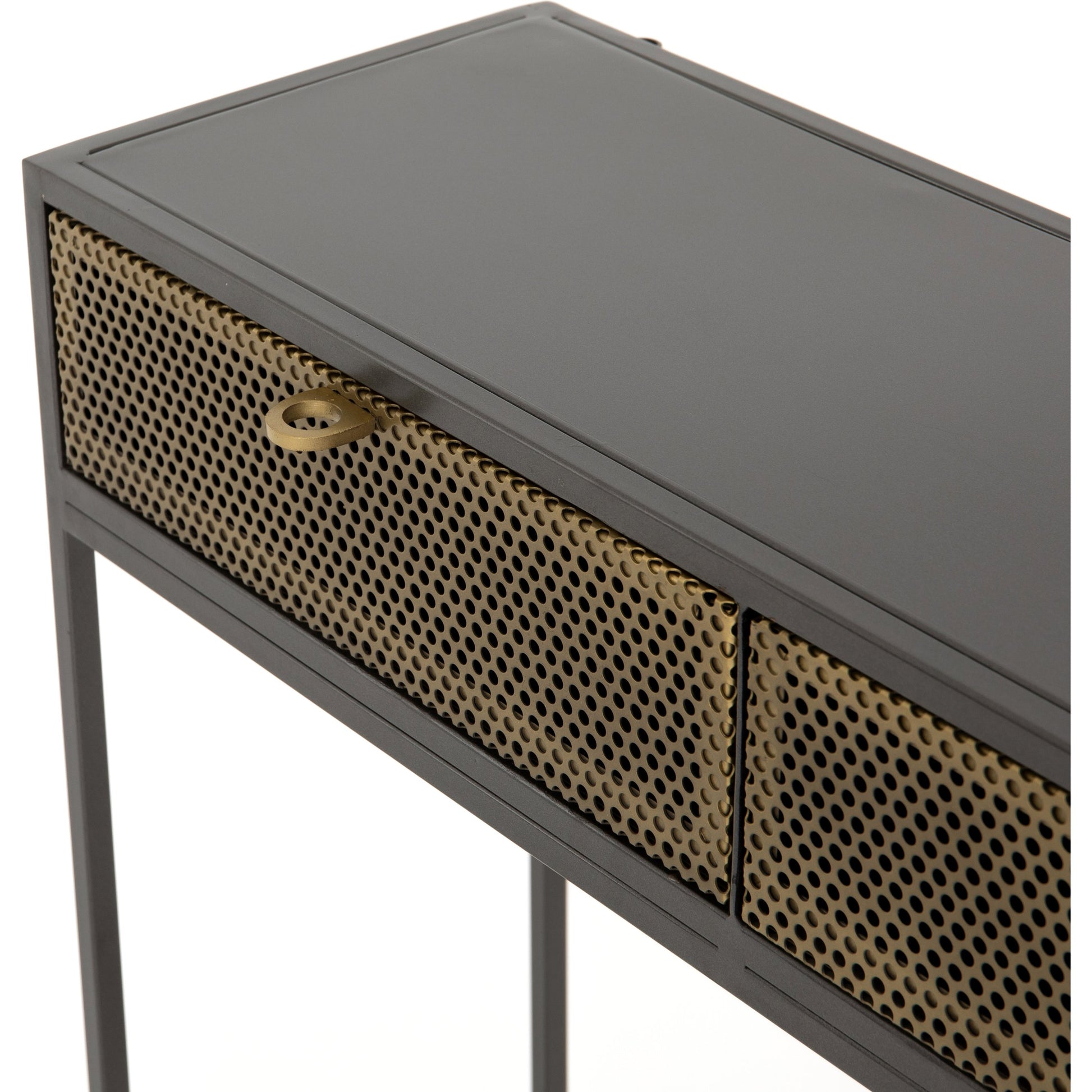 Hendrick Console Table by Four Hands in black, perforated black and black. Made from iron in a modern style.