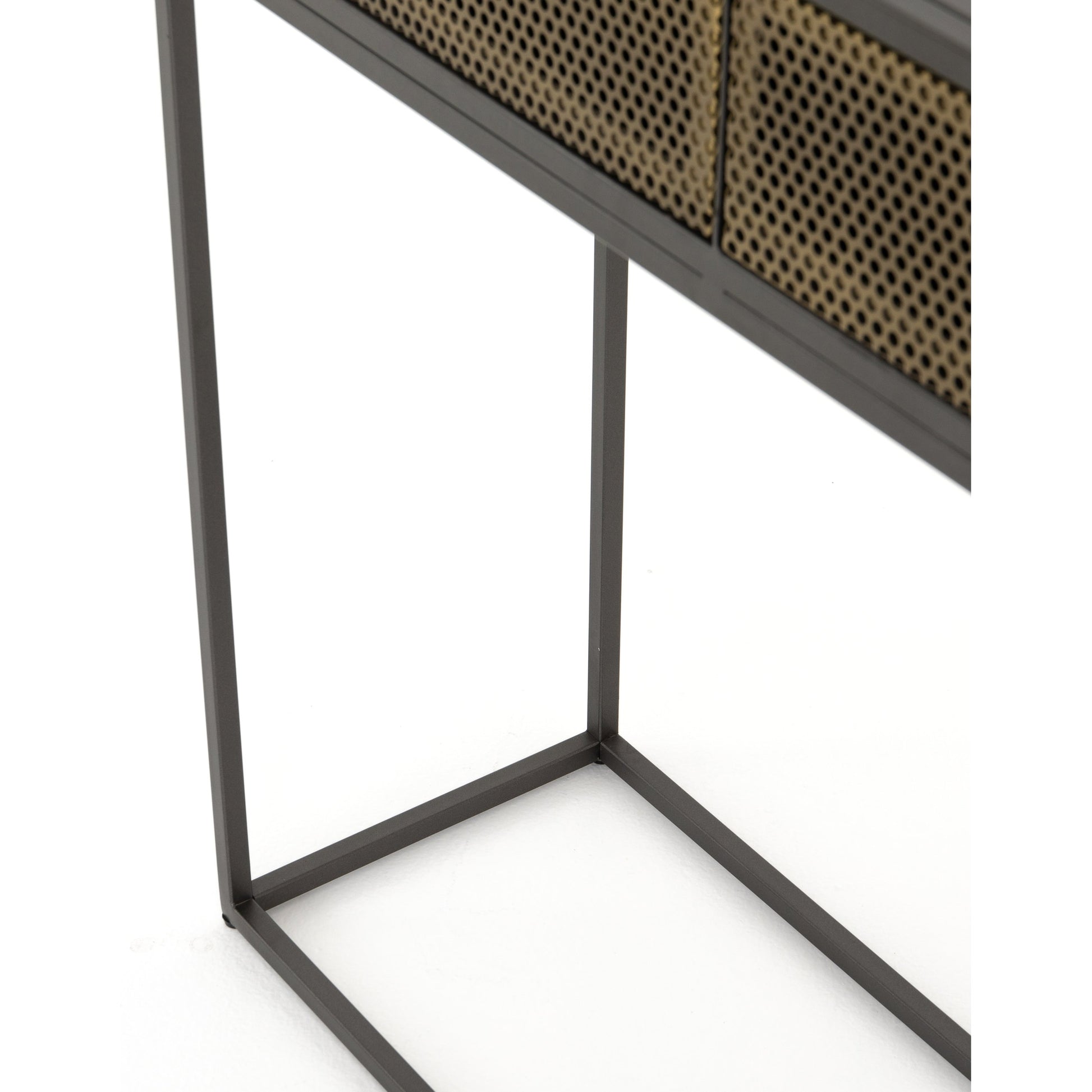 Hendrick Console Table by Four Hands in black, perforated black and black. Made from iron in a modern style.