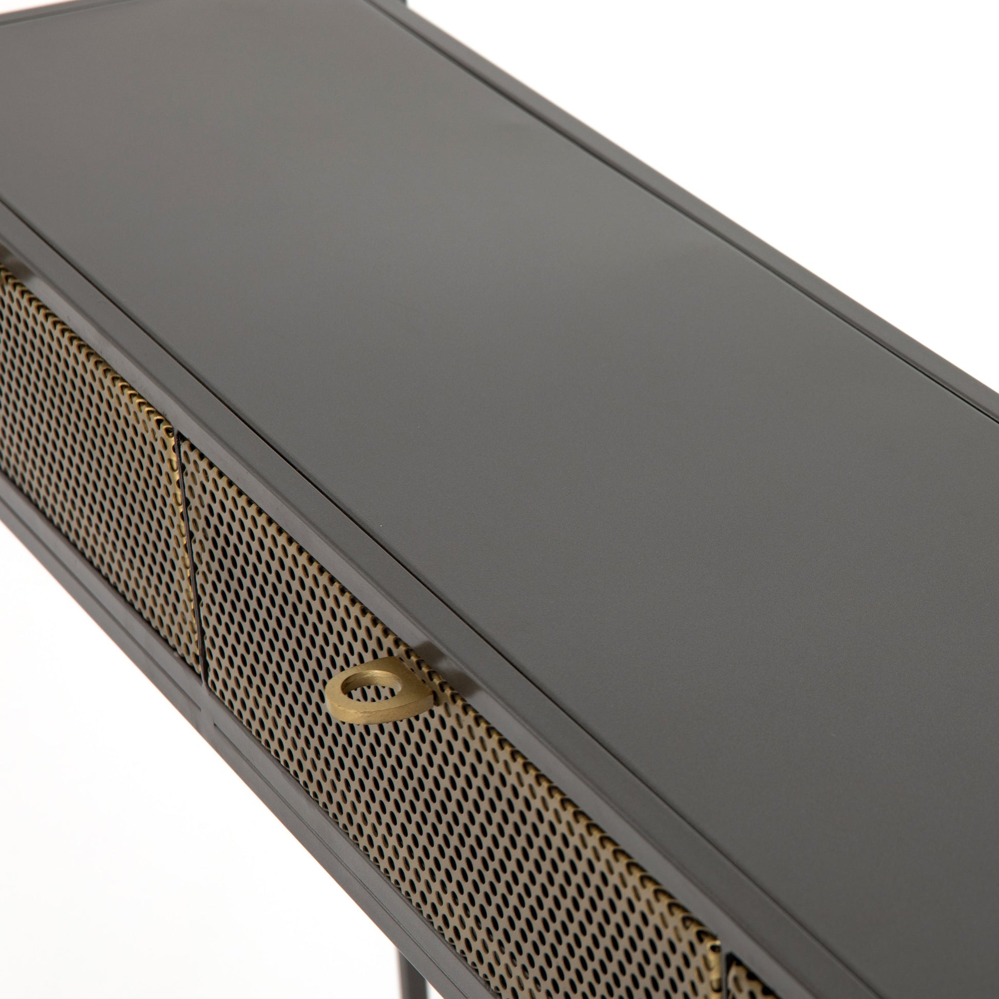 Hendrick Console Table by Four Hands in black, perforated black and black. Made from iron in a modern style.