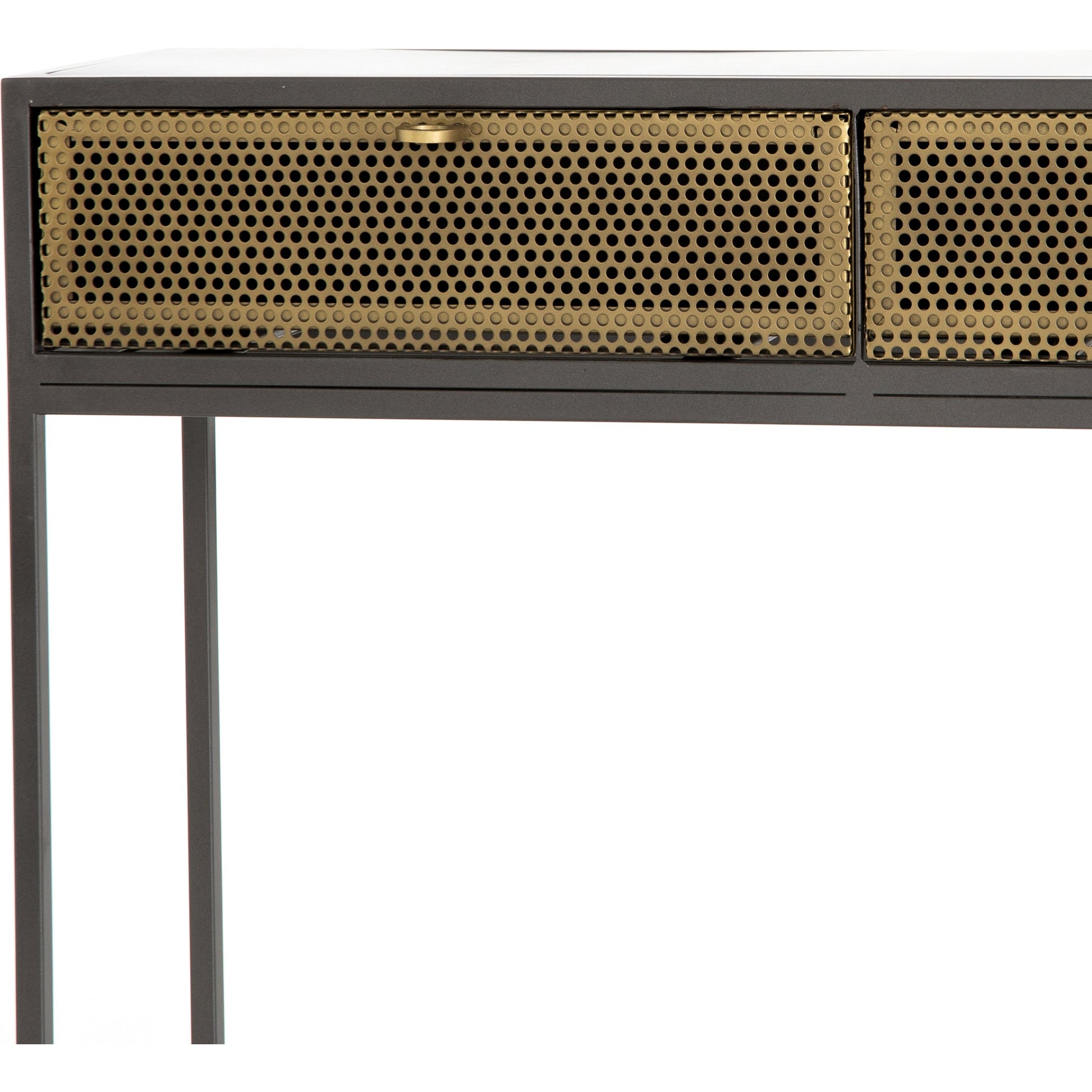 Hendrick Console Table by Four Hands in black, perforated black and black. Made from iron in a modern style.