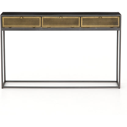 Hendrick Console Table by Four Hands in black, perforated black and black. Made from iron in a modern style.