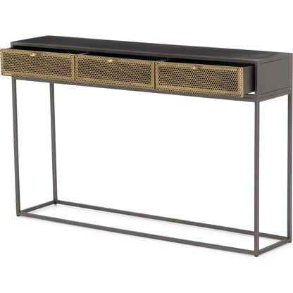Hendrick Console Table by Four Hands in black, perforated black and black. Made from iron in a modern style.