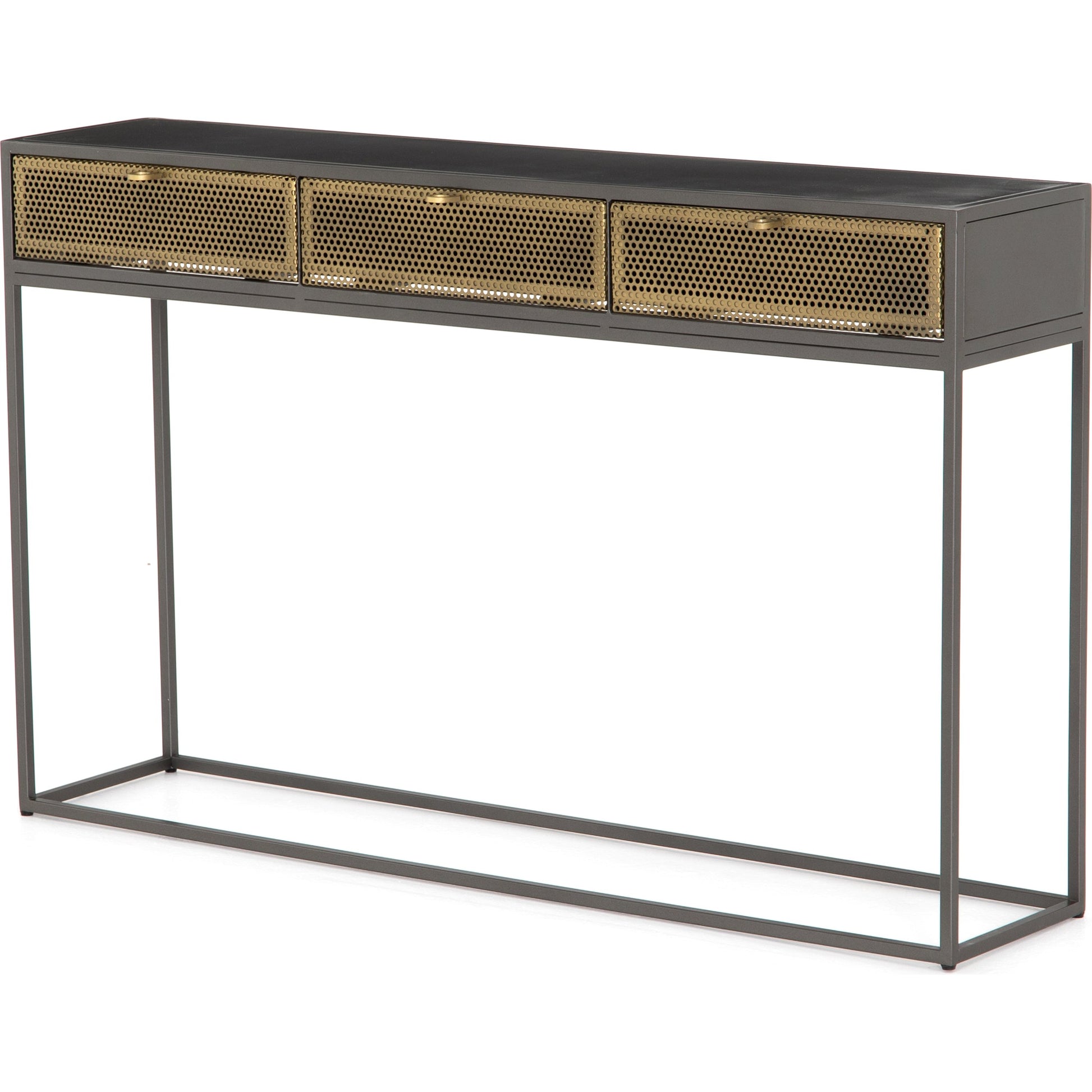 Hendrick Console Table by Four Hands in black, perforated black and black. Made from iron in a modern style.