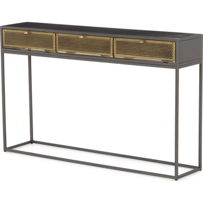 Hendrick Console Table by Four Hands in black, perforated black and black. Made from iron in a modern style.