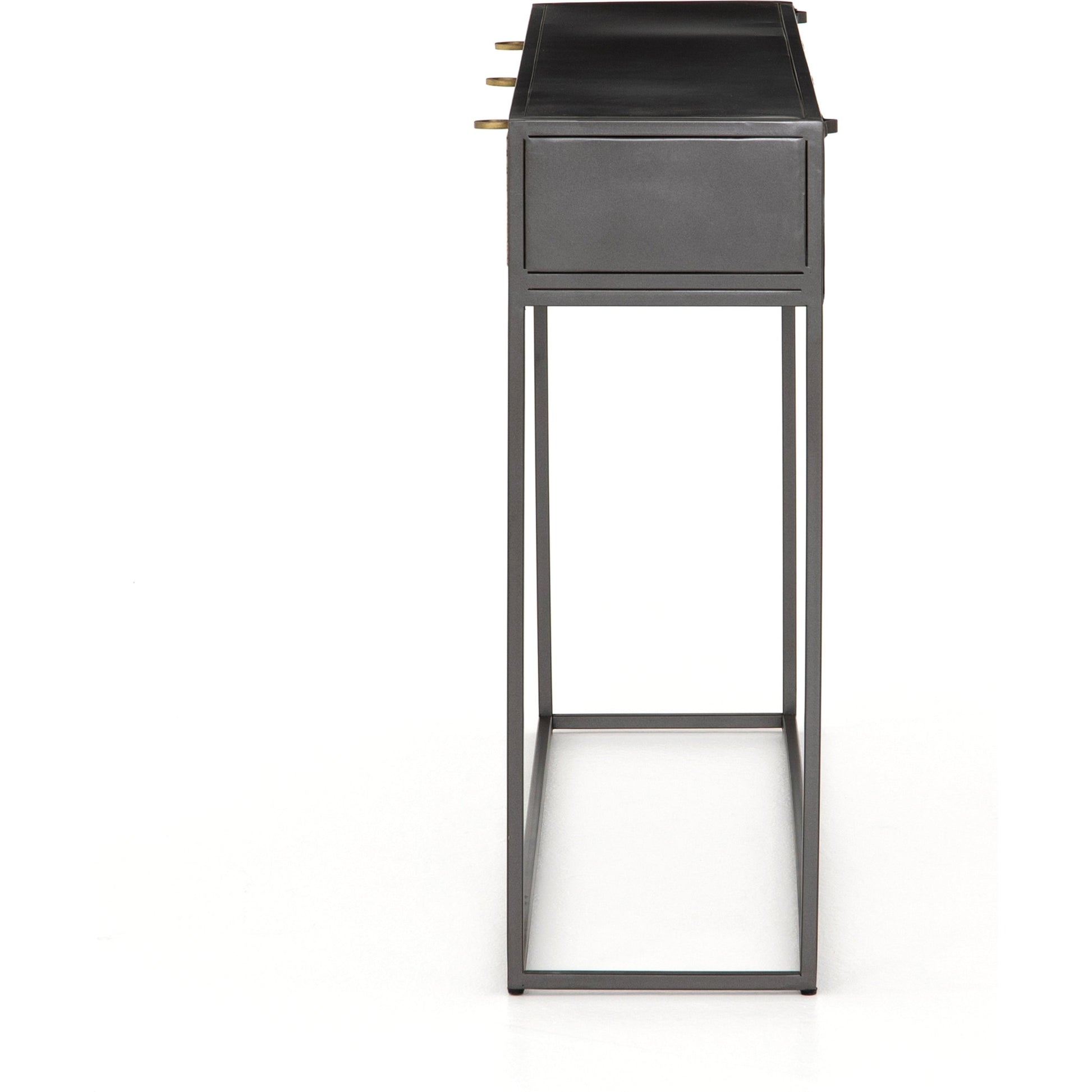 Hendrick Console Table by Four Hands in black, perforated black and black. Made from iron in a modern style.