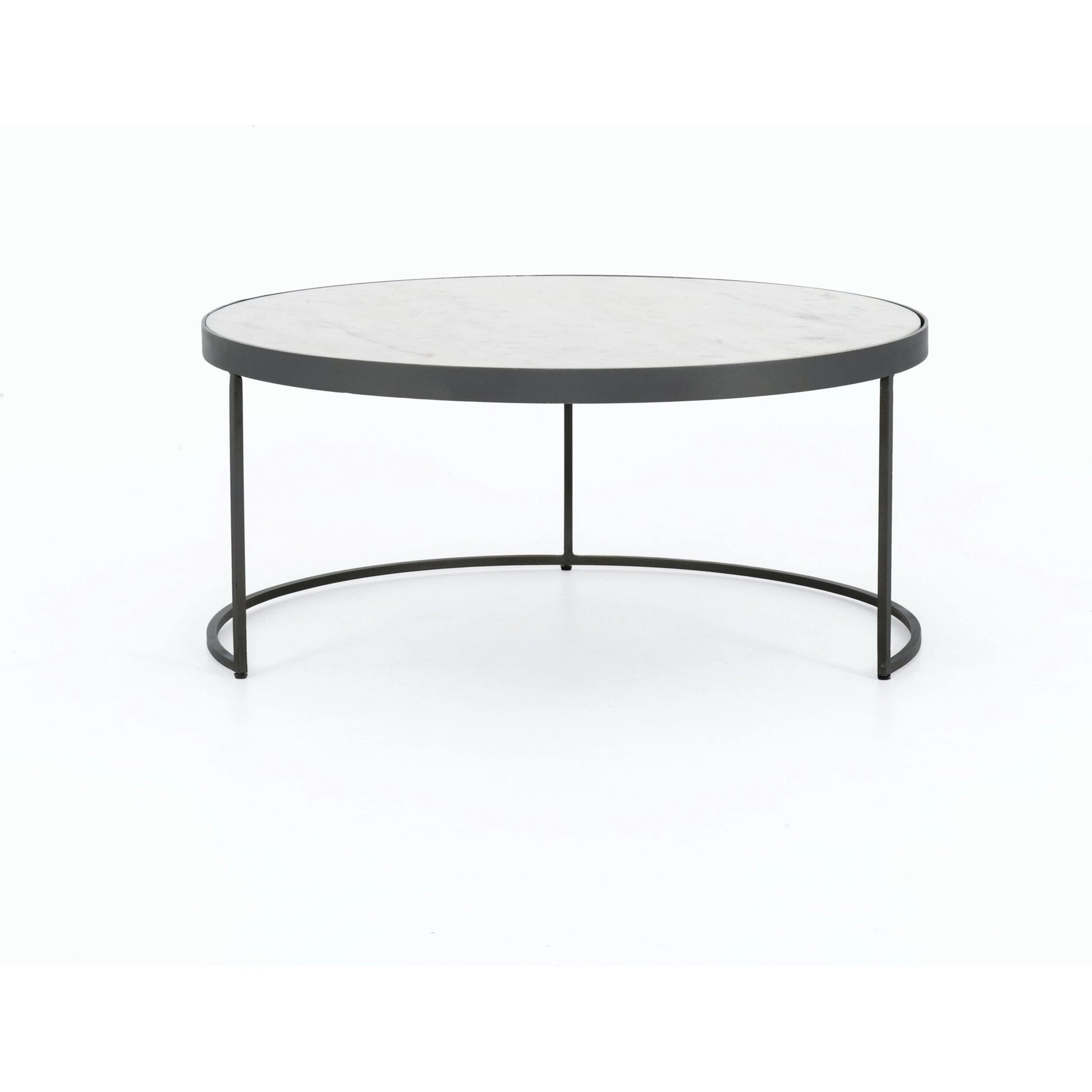 Evelyn Round Nesting Coffee Table by Four Hands in gunmetal, polished white marble. Made from solid marble, iron, engineered hardwood in a modern style.