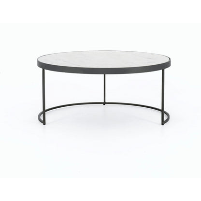Evelyn Round Nesting Coffee Table by Four Hands in gunmetal, polished white marble. Made from solid marble, iron, engineered hardwood in a modern style.
