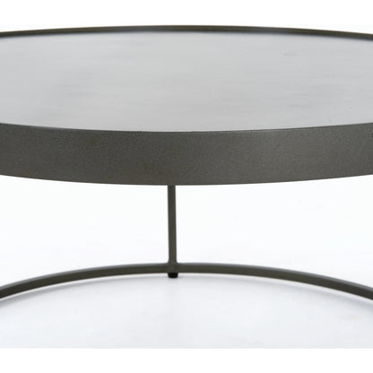 Evelyn Round Nesting Coffee Table by Four Hands in gunmetal, polished white marble. Made from solid marble, iron, engineered hardwood in a modern style.