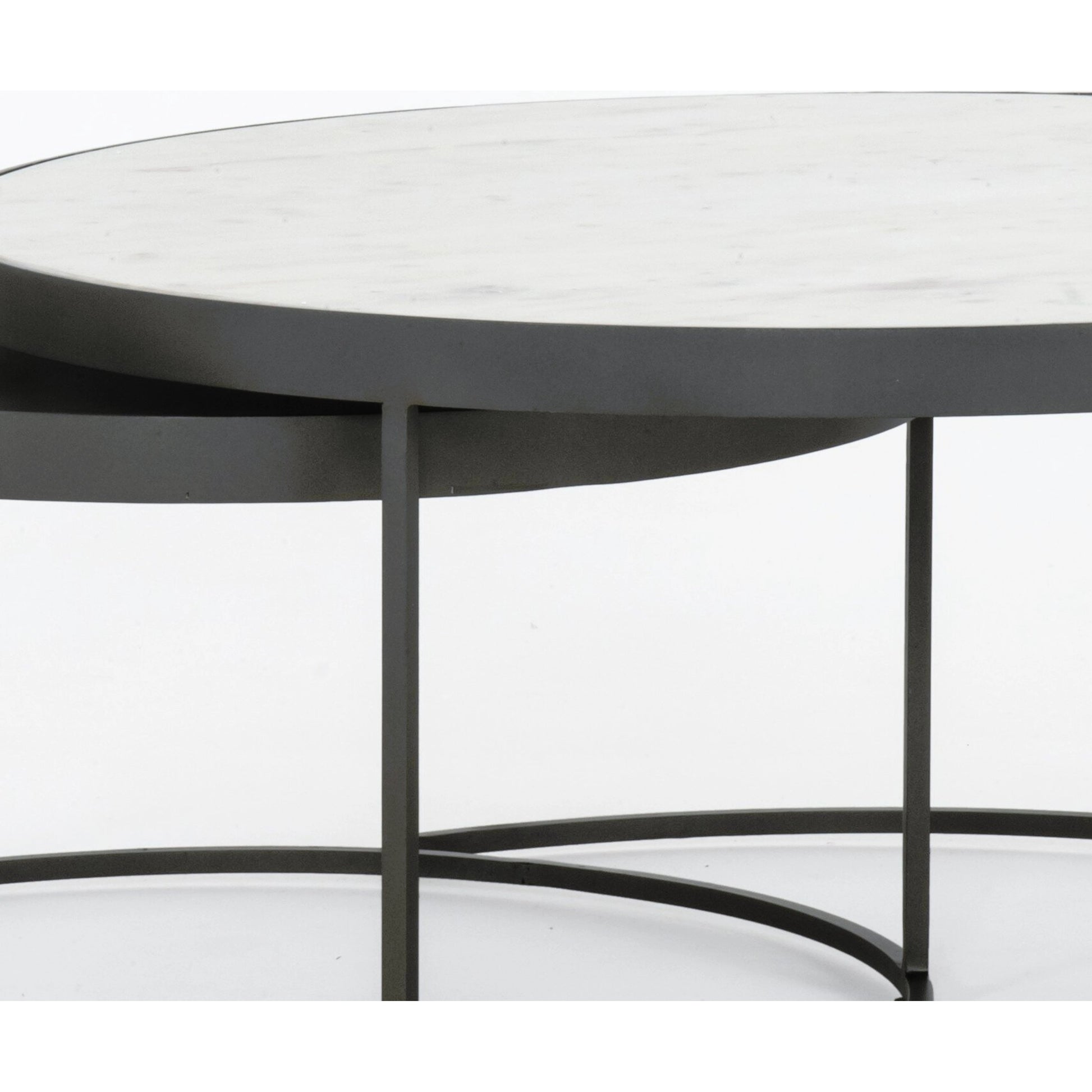 Evelyn Round Nesting Coffee Table by Four Hands in gunmetal, polished white marble. Made from solid marble, iron, engineered hardwood in a modern style.