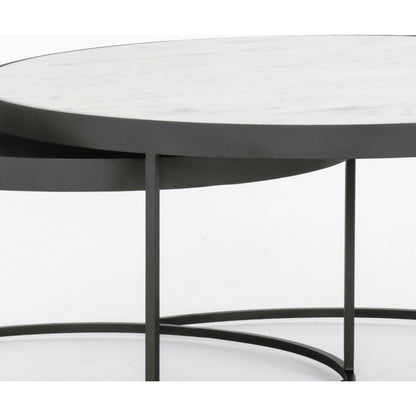 Evelyn Round Nesting Coffee Table by Four Hands in gunmetal, polished white marble. Made from solid marble, iron, engineered hardwood in a modern style.